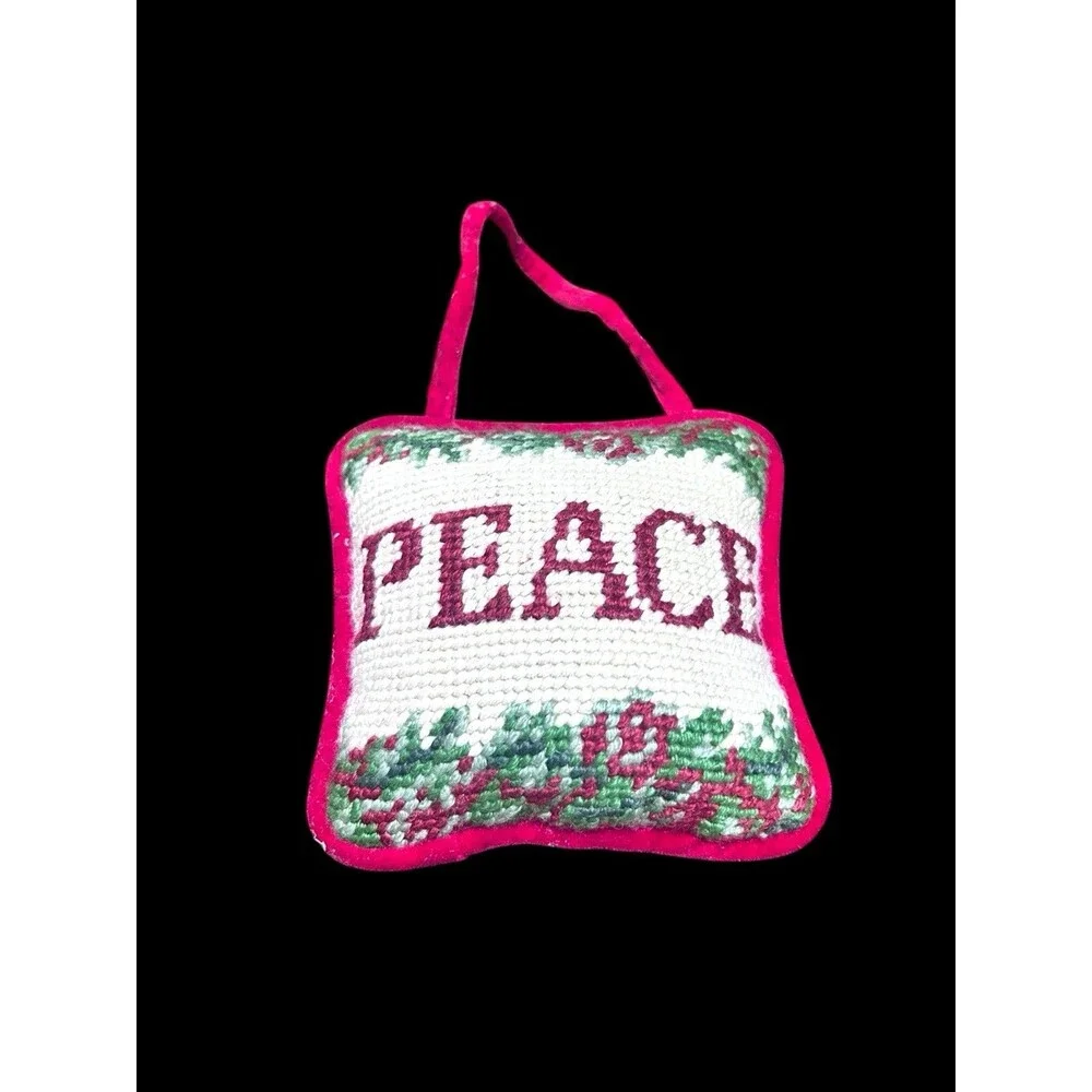 Vtg Needlepoint Peace Doorknob Mini Pillow Hanging Decoration Velvet Back As Is